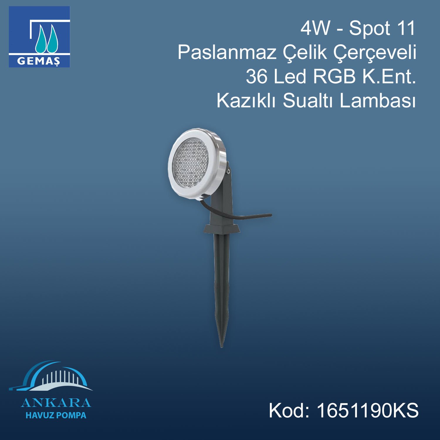 4W - Spot 11 Paslanmaz Çelik Çerçeveli 36 Led RGB K.Ent. Kazıklı Sualtı Lambası