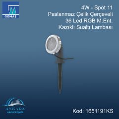 4W - Spot 11 Paslanmaz Çelik Çerçeveli 36 Led RGB M.Ent. Kazıklı Sualtı Lambası