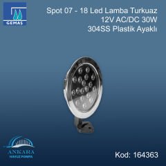 Spot 07 - 18 Led Lamba Mavi - 12V AC/DC 30W 304 Paslanmaz Çelik Plastik Ayaklı