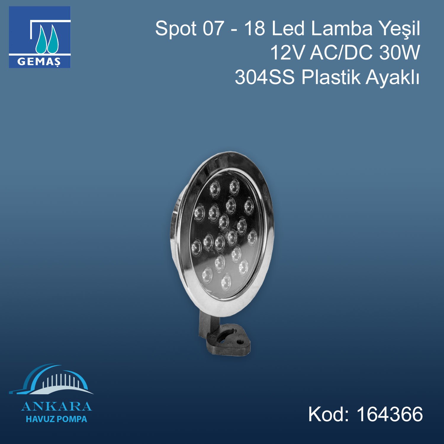 Spot 07 - 18 Led Lamba Yeşil - 12V AC/DC 30W 304 Paslanmaz Çelik Plastik Ayaklı