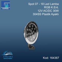 Spot 07 - 18 Led Lamba RGB E.Ent. - 12V AC/DC 30W 304 Paslanmaz Çelik Plastik Ayaklı