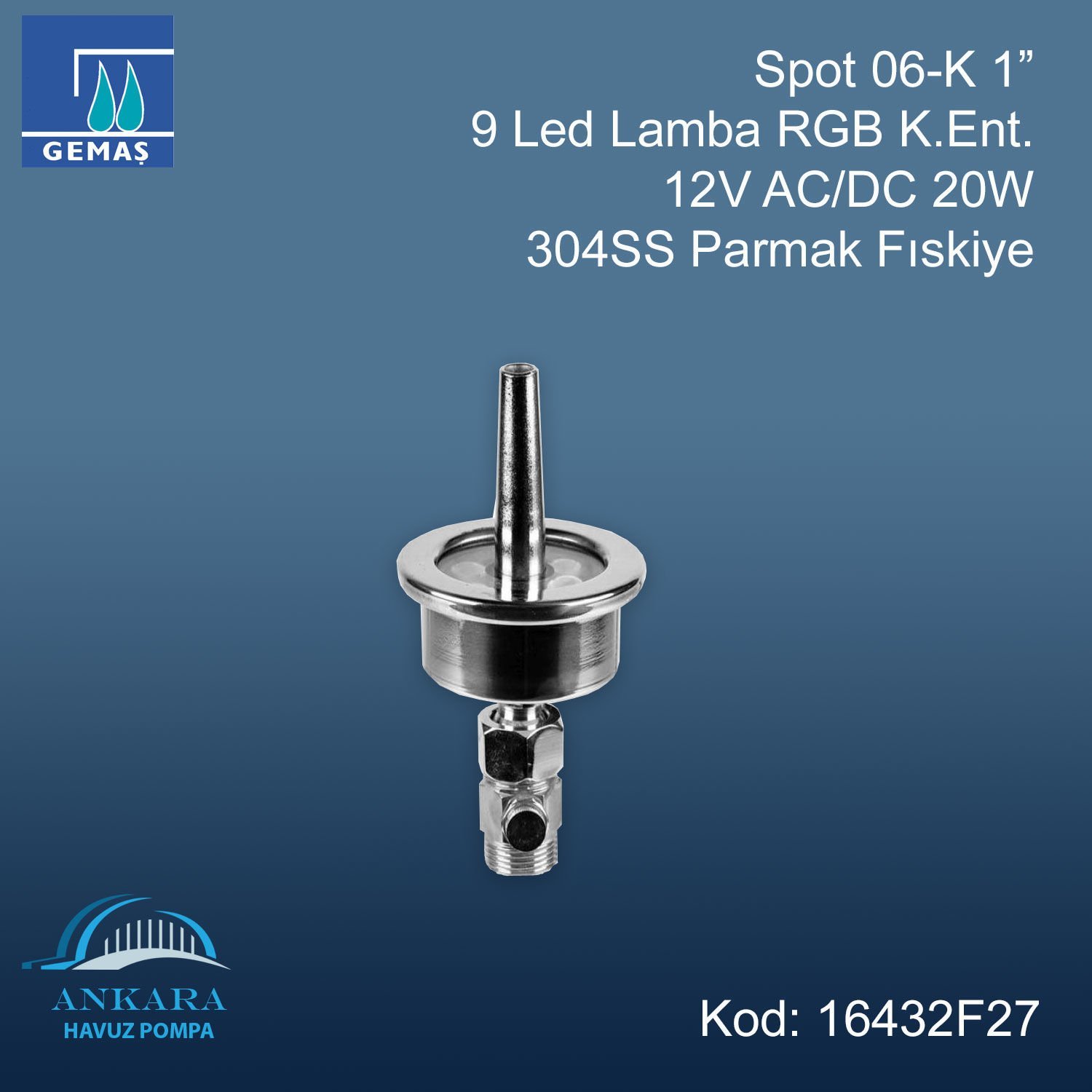 Spot 06-K 1” 9 Led Lamba RGB K.Ent. 12V AC/DC 20W 304SS Parmak Fıskiye