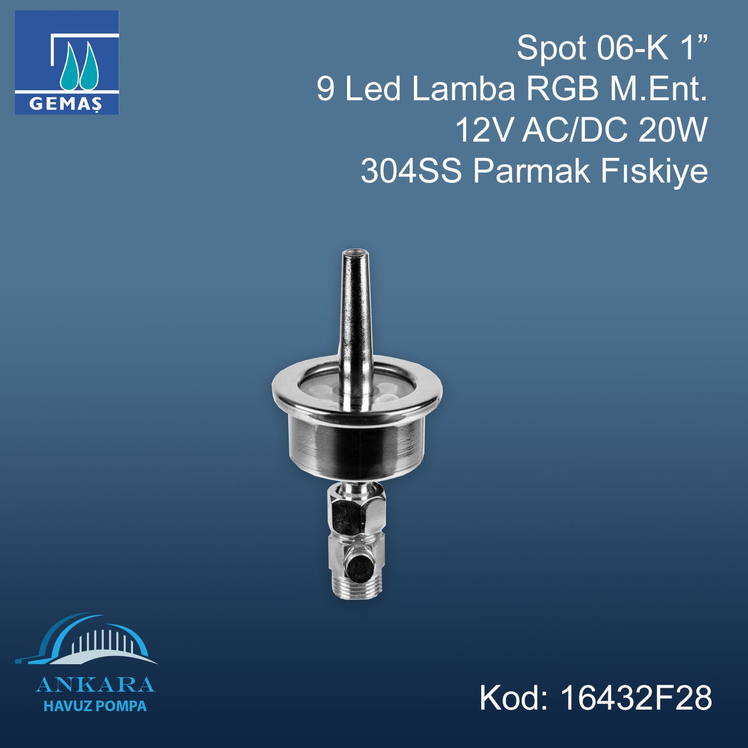 Spot 06-K 1” 9 Led Lamba RGB M.Ent. 12V AC/DC 20W 304SS Parmak Fıskiye