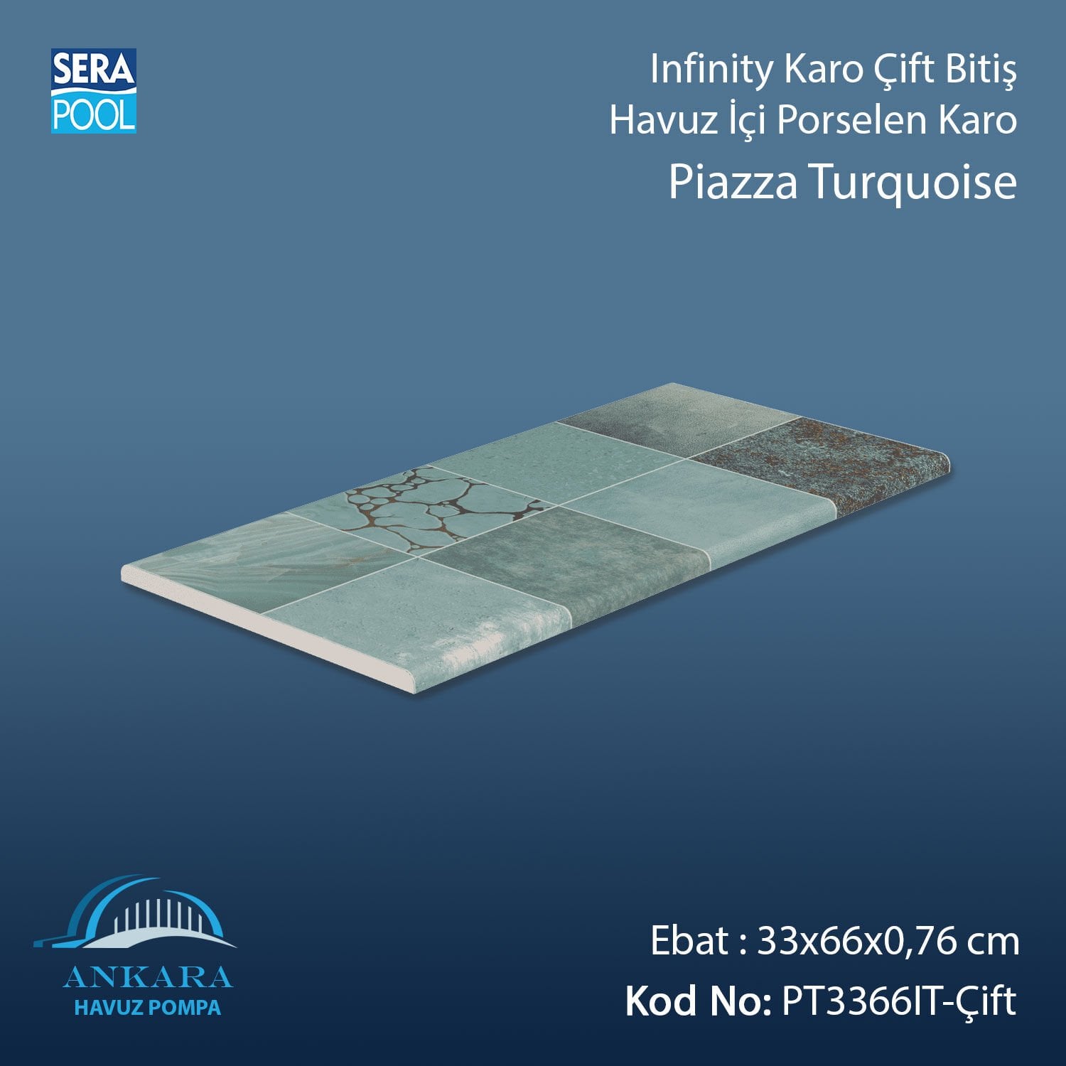 Piazza Turquoise Infinity Kaymaz Karo Çift Bitiş 33x66x0,76 cm