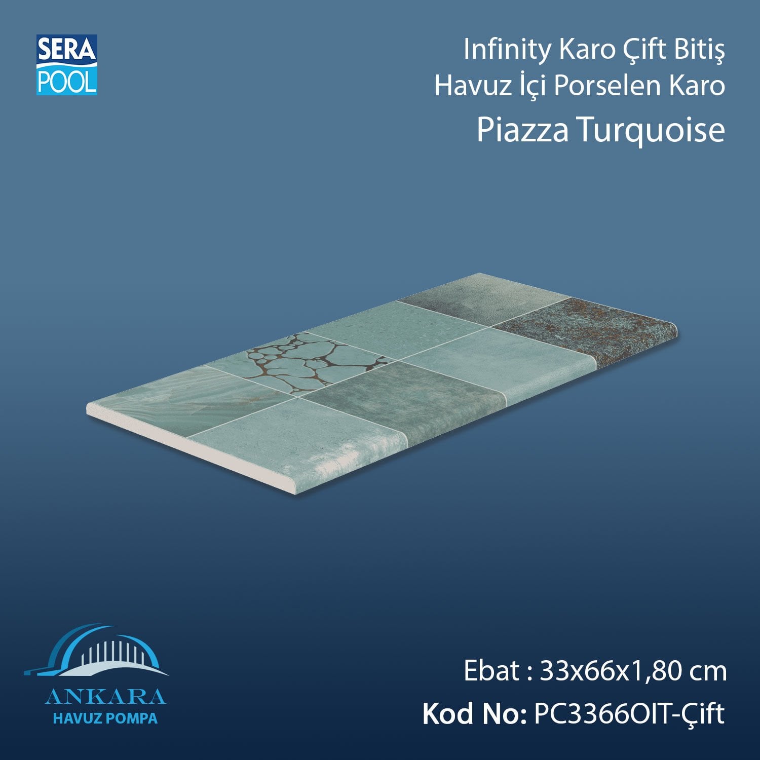 Piazza Turquoise Infinity Kaymaz Karo Çift Bitiş 33x66x0,76 cm