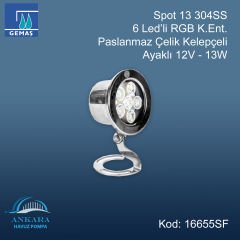 Spot13 304SS 6 Led'li RGB K.Ent. - Paslanmaz Çelik Kelepçeli Ayaklı 12V-13W