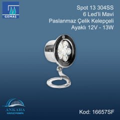 Spot13 304SS 6 Led'li Mavi - Paslanmaz Çelik Kelepçeli Ayaklı 12V-13W