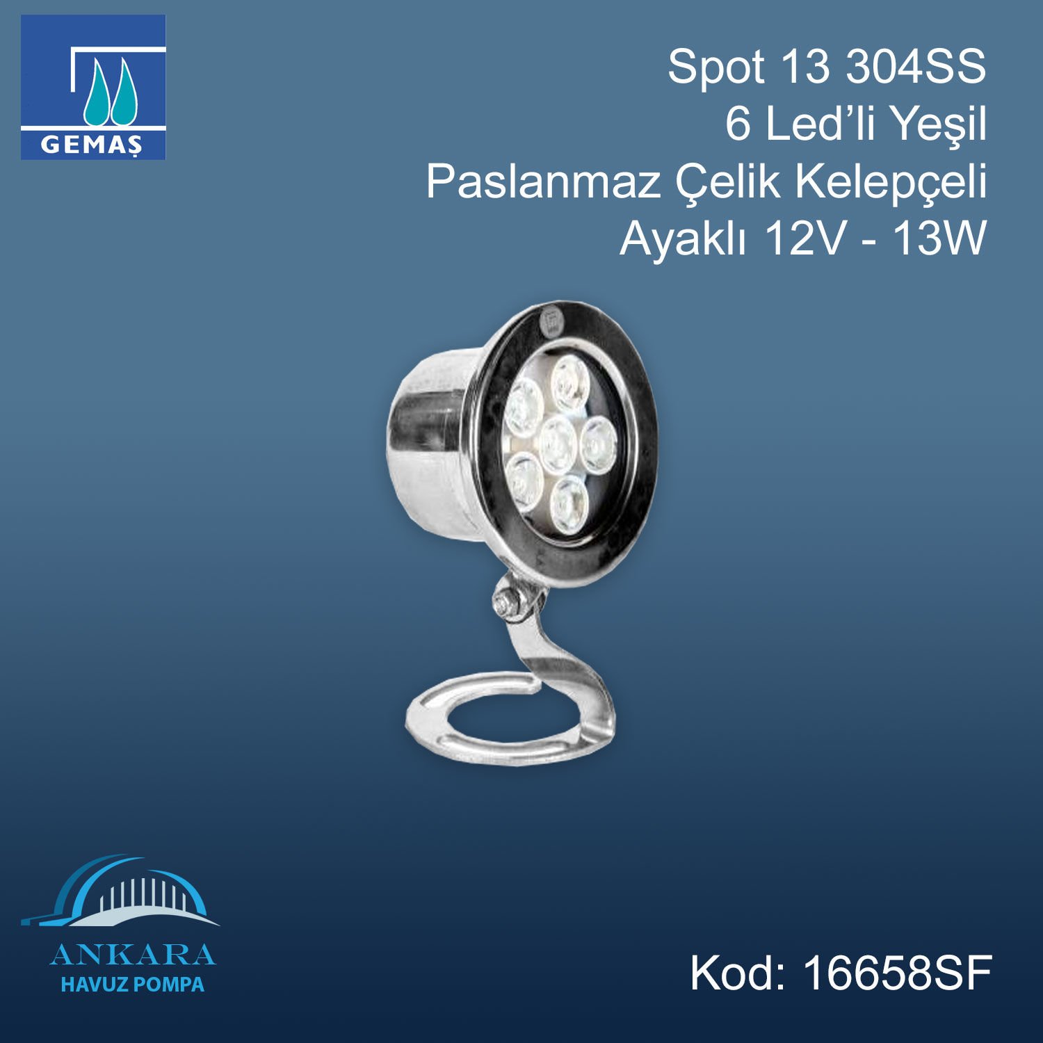 Spot13 304SS 6 Led'li Yeşil - Paslanmaz Çelik Kelepçeli Ayaklı 12V-13W