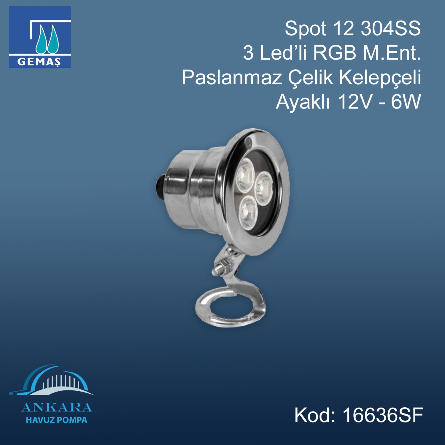 Spot13 304SS 3 Led'li RGB M.Ent. - Paslanmaz Çelik Kelepçeli Ayaklı 12V-6W
