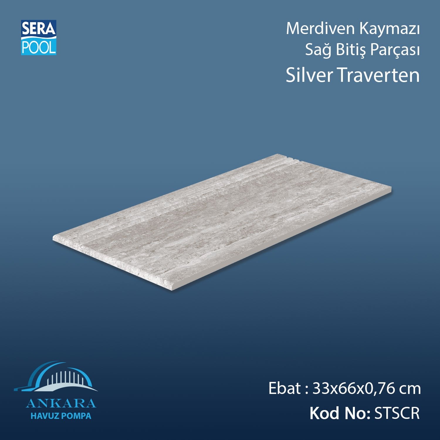 Silver Traverten 33x66x0,76 cm Merdiven Kaymazı Sağ Bitiş