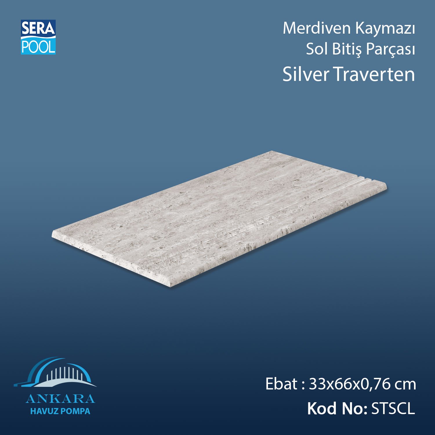 Silver Traverten 33x66x0,76 cm Merdiven Kaymazı Sol Bitiş