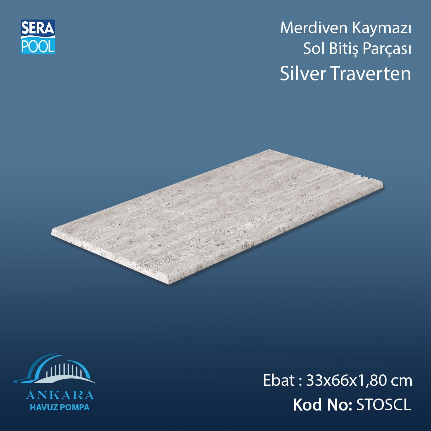 Silver Traverten 33x66x1,80 cm Merdiven Kaymazı Sol Bitiş