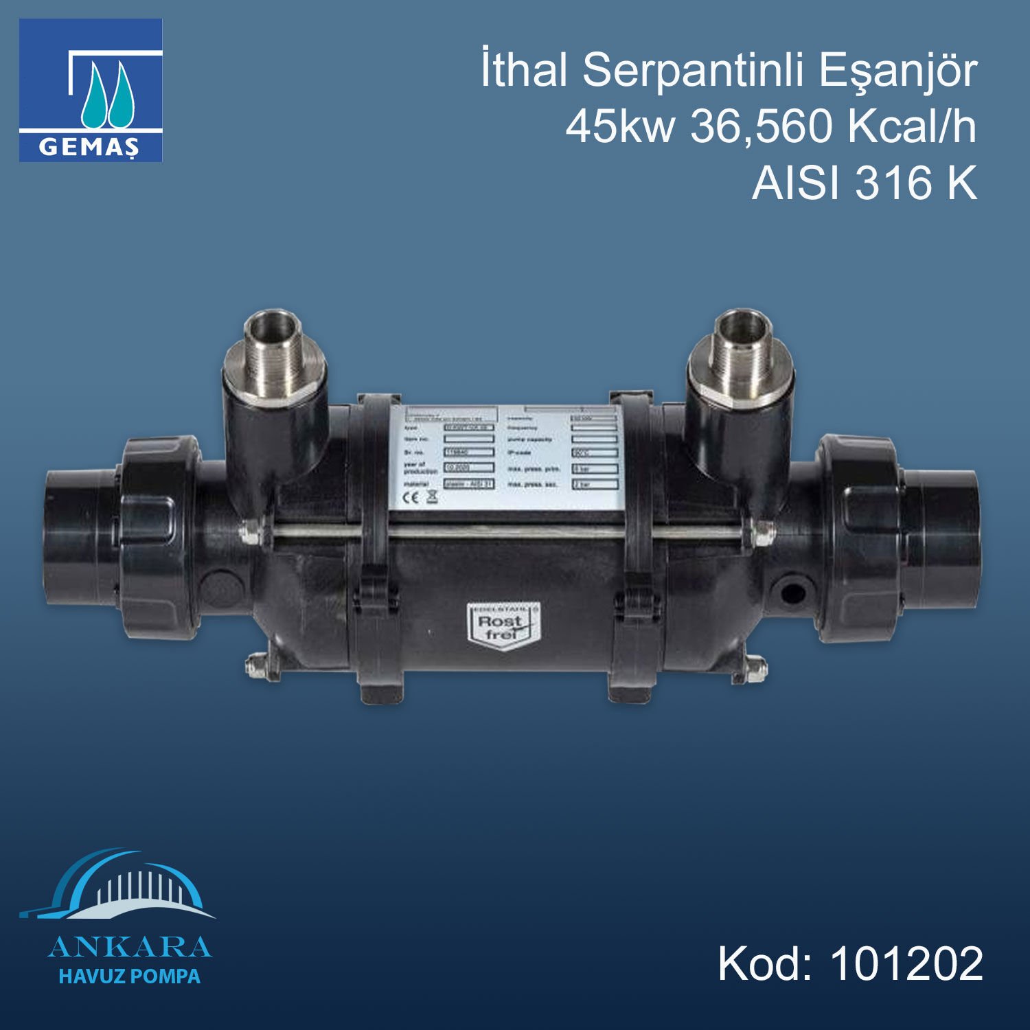 İthal Serpantinli Eşanjör 45kw 36,560 Kcal/h 316 K