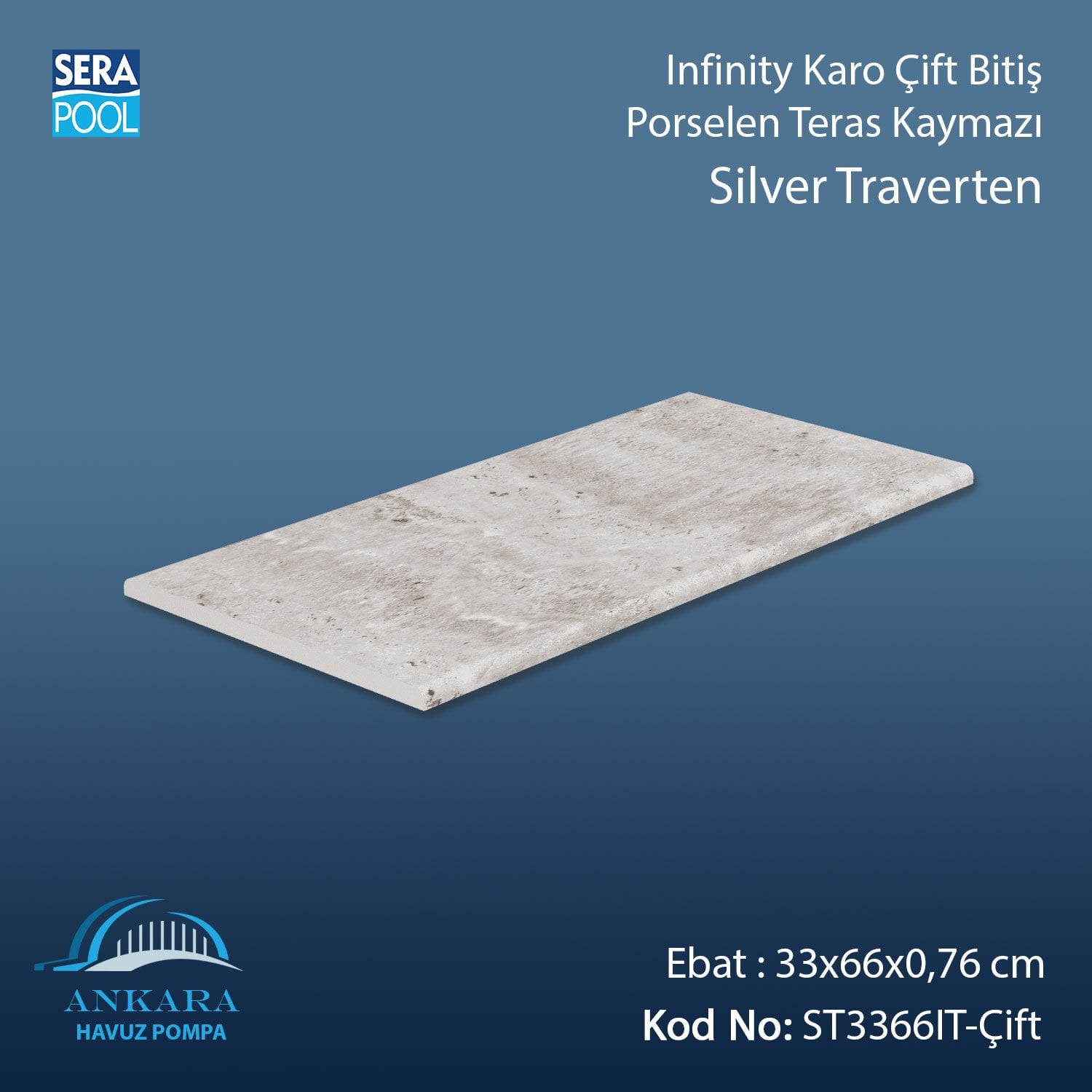 Silver Traverten 33x66x0,76 cm Infinity Kaymaz Karo Çift Bitiş