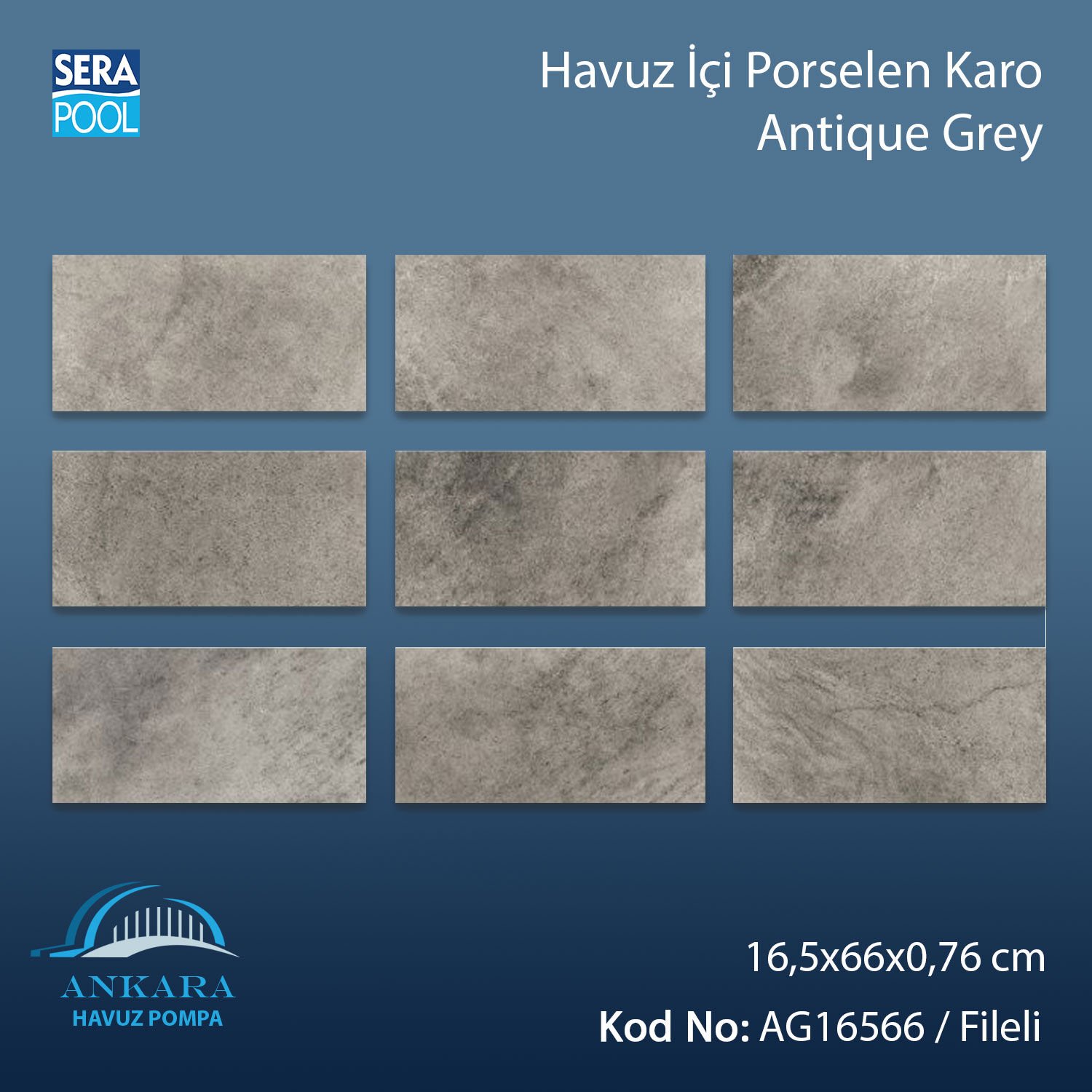 Antique Grey (16,5x66 cm) Porselen Karo - m² 'si