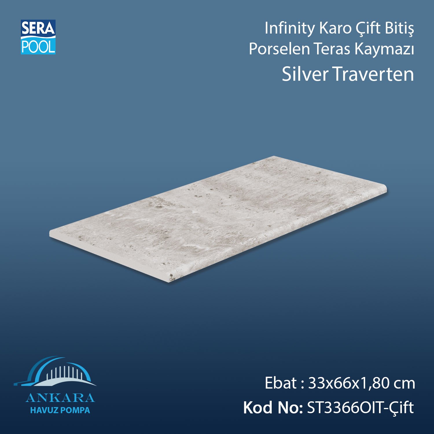 Silver Traverten 33x66x1,80 cm Infinity Kaymaz Karo Çift Bitiş