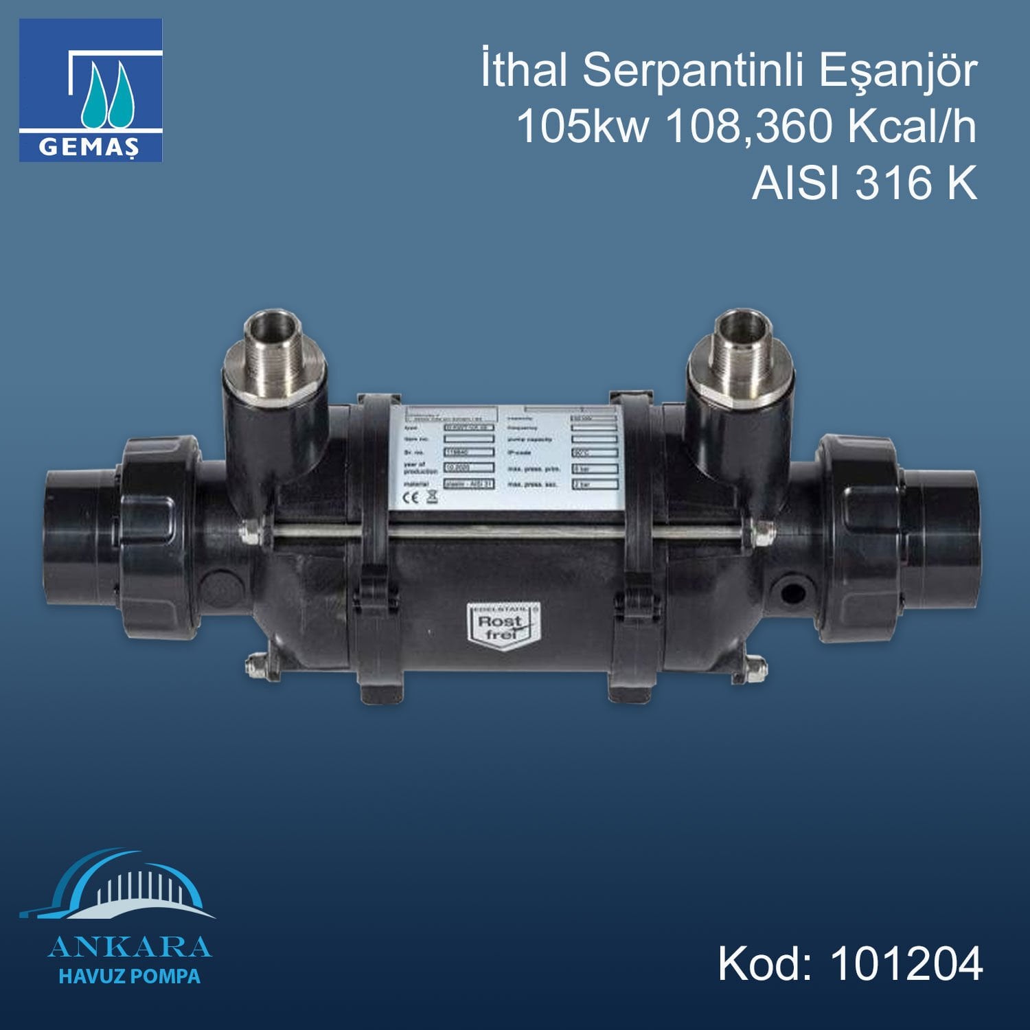 İthal Serpantinli Eşanjör 105kw 108,360 Kcal/h 316 K