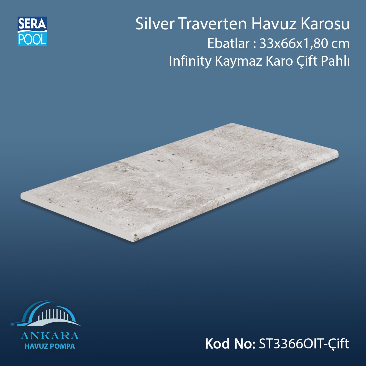 Silver Traverten 33x66x1,80 cm Infinity Kaymaz Karo Çift Pahlı