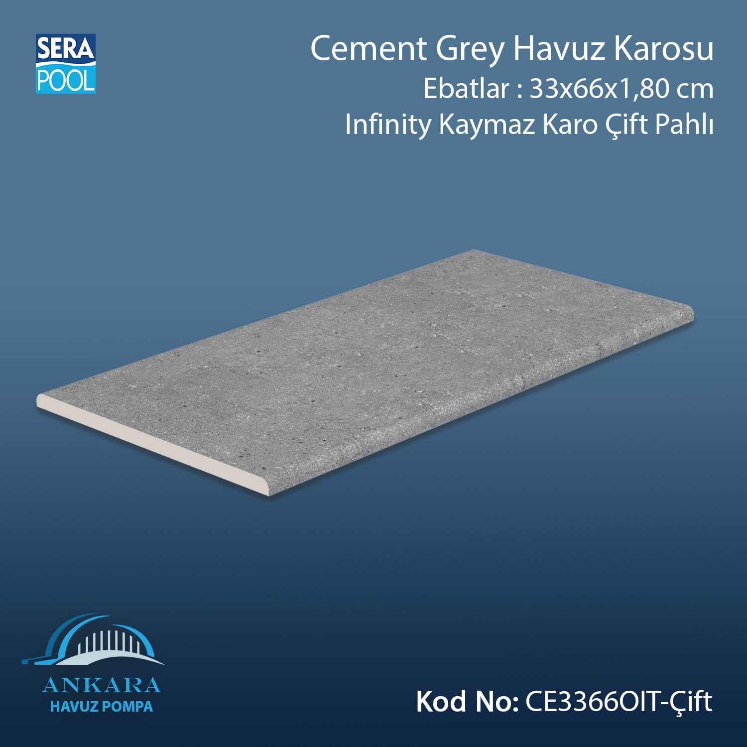 Cement Grey 33x66x1,80 cm Infinity Kaymaz Karo Çift Pahlı