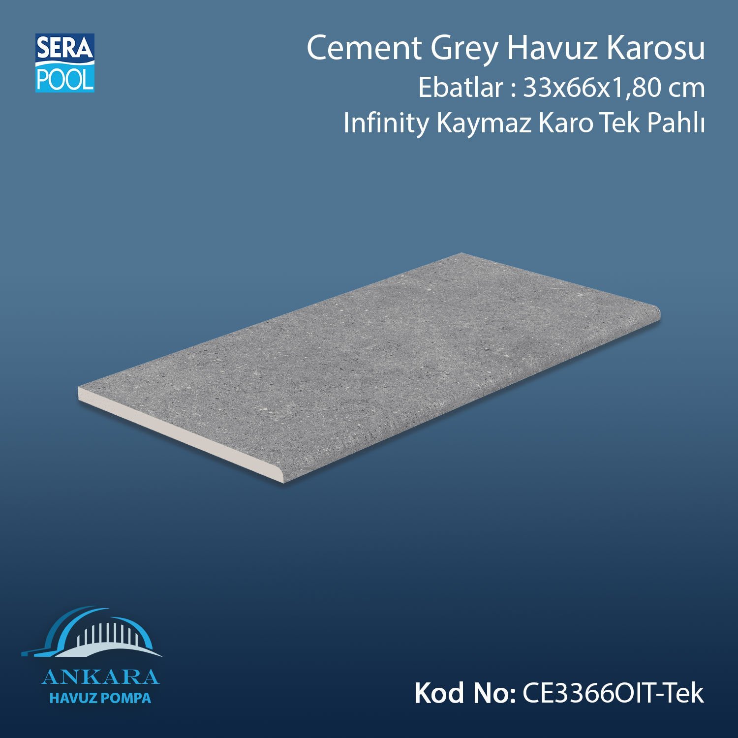 Cement Grey 33x66x1,80 cm Infinity Kaymaz Karo Tek Pahlı