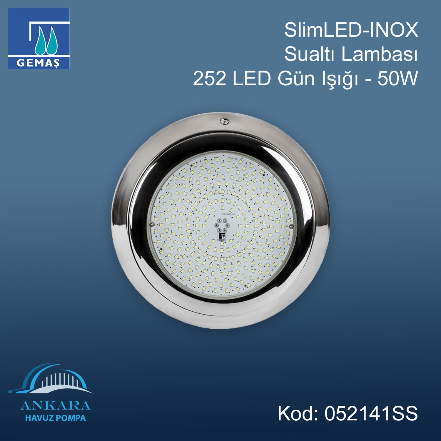 SlimLED-INOX” Havuz Sualtı Aydınlatma Lambası. Kovansız - Reçine Dolgulu, Tek Renkli - 252 LED Gün Işığı - 50 W