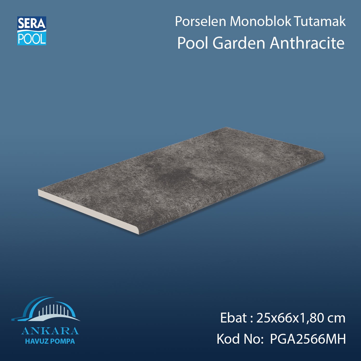 Pool Garden Anthracite 25x66x1,80 cm Porselen Monoblok Tutamak
