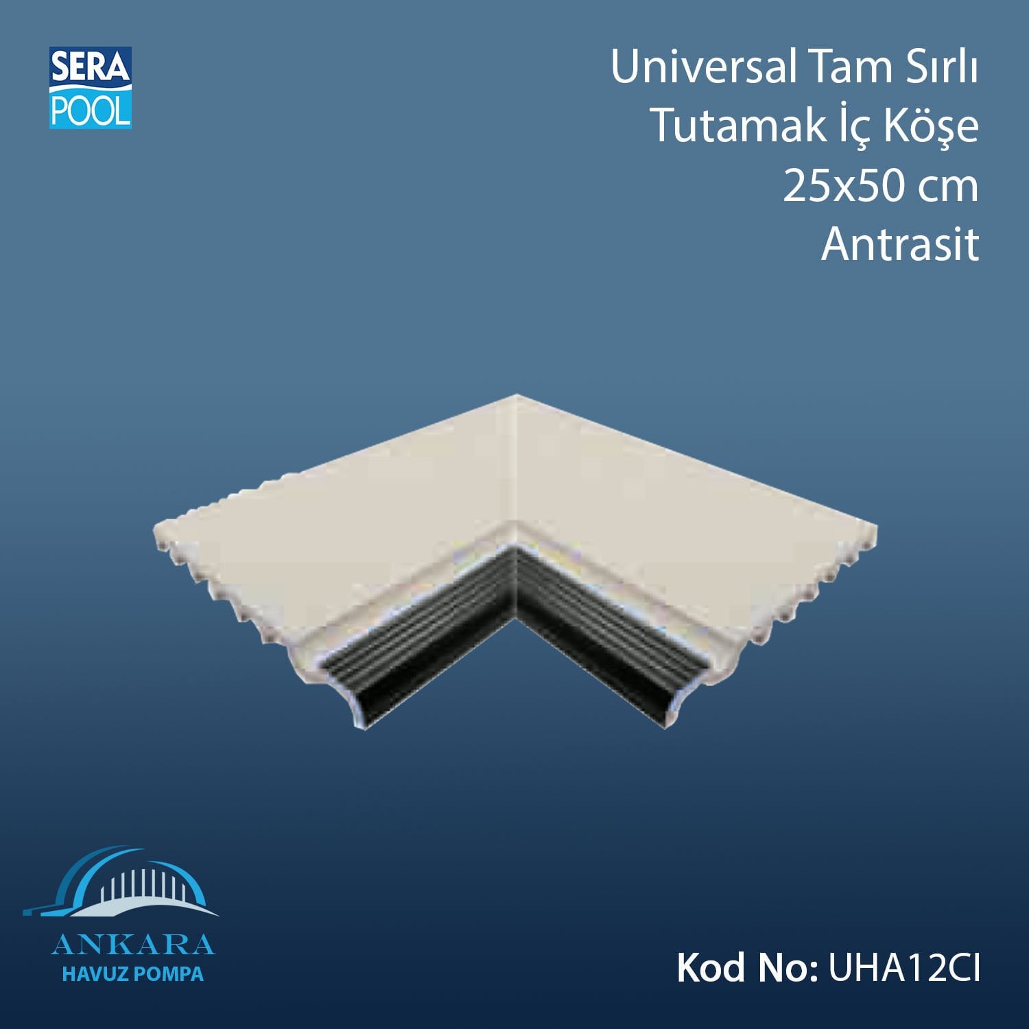 Serapool Universal Tam Sırlı Tutamak Antrasit 25x50 cm İç Köşe