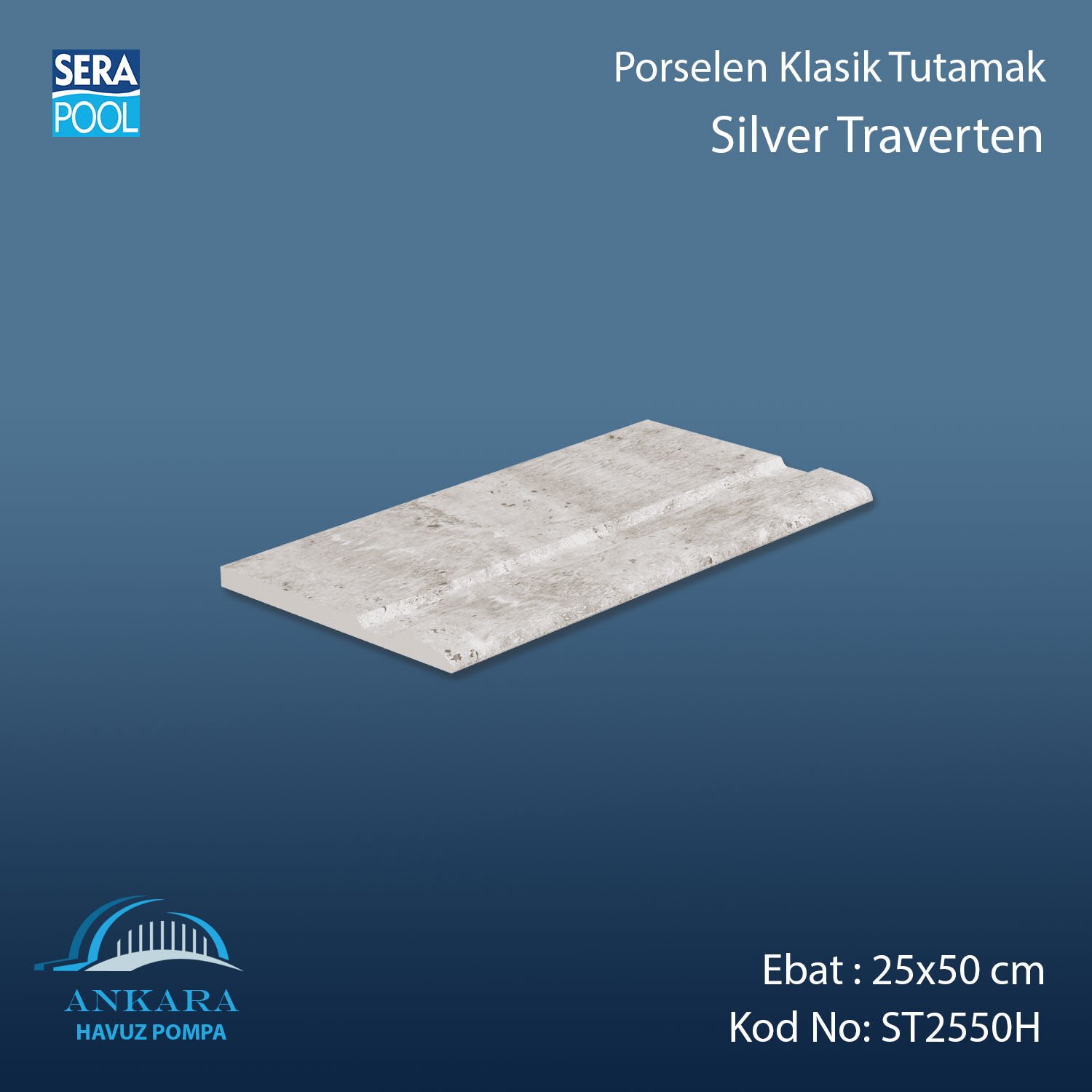 Silver Traverten 25x50 cm Porselen Klasik Tutamak