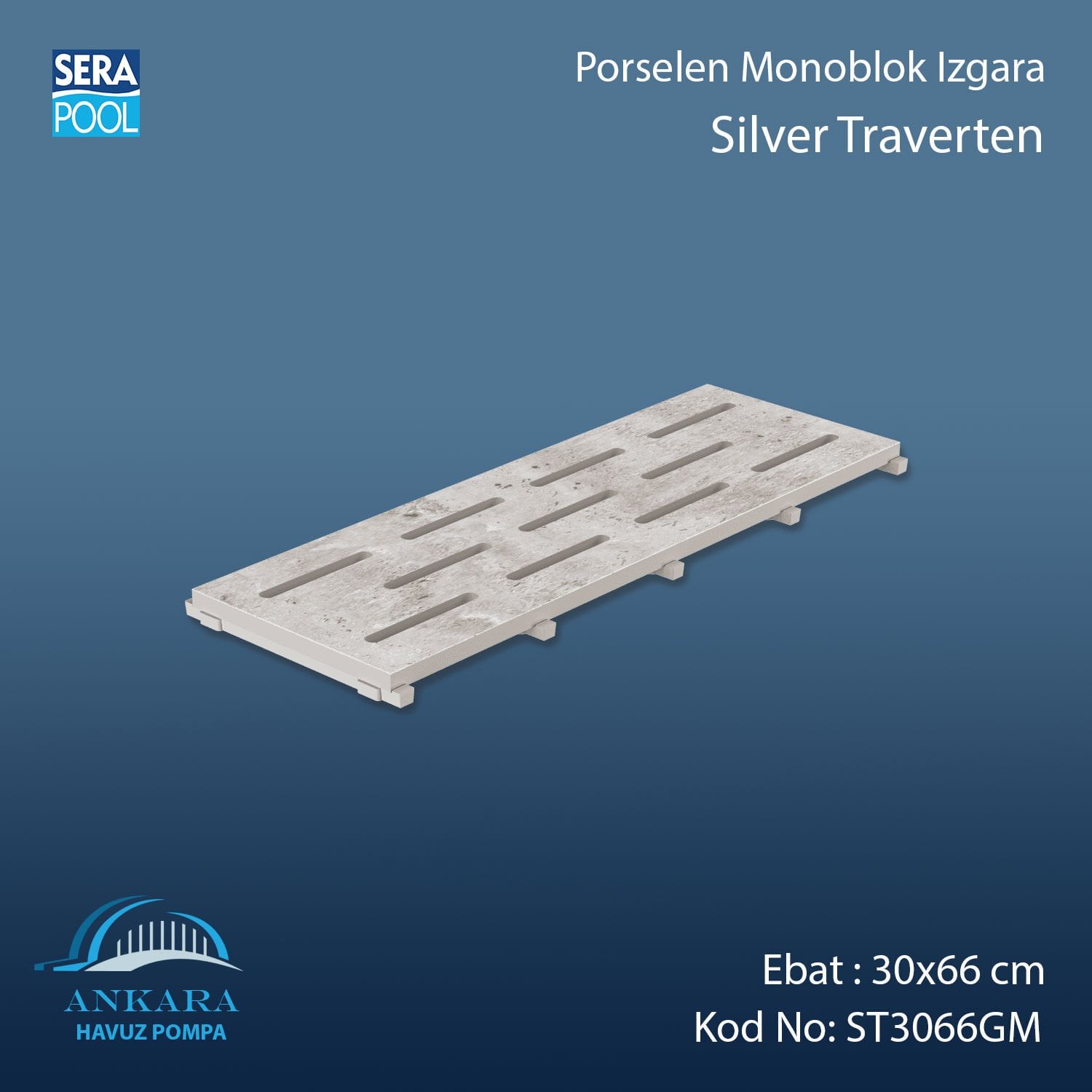 Silver Traverten 30x66 cm Monoblok Izgara