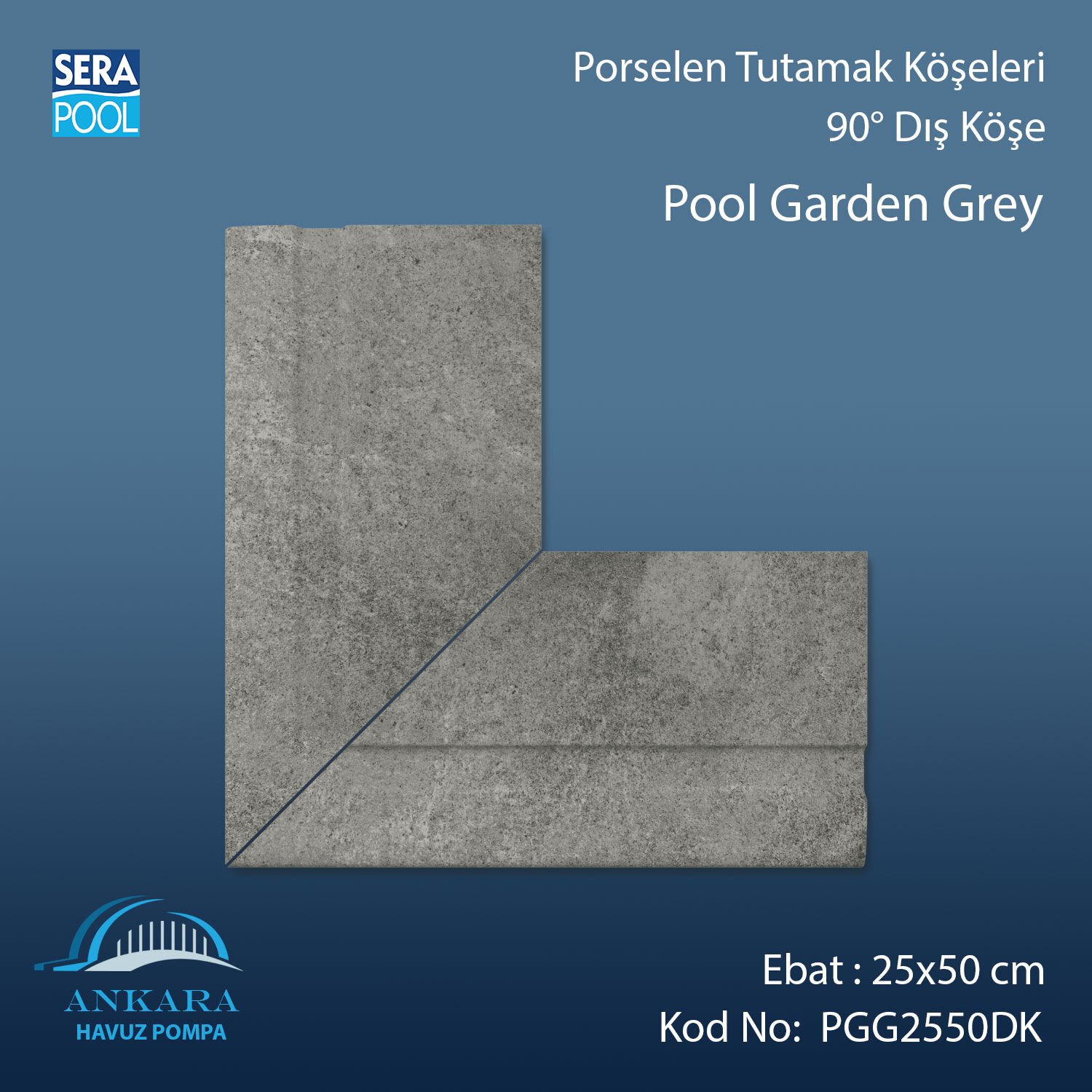 Pool Garden Grey 25x50 cm 90° Dış Köşe Porselen Tutamak Köşeleri