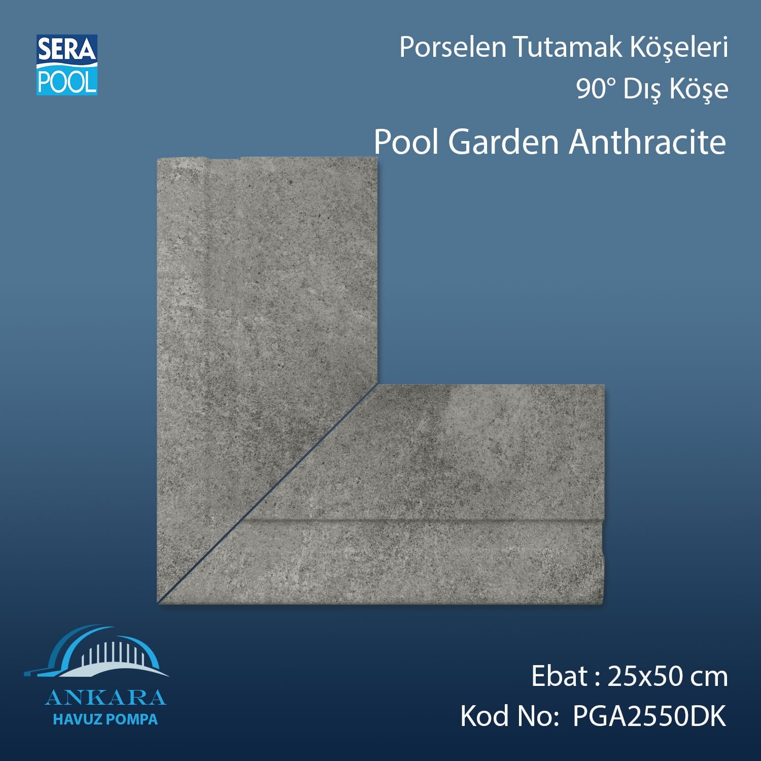 Pool Garden Anthracite 25x50 cm 90° Dış Köşe Porselen Tutamak Köşeleri
