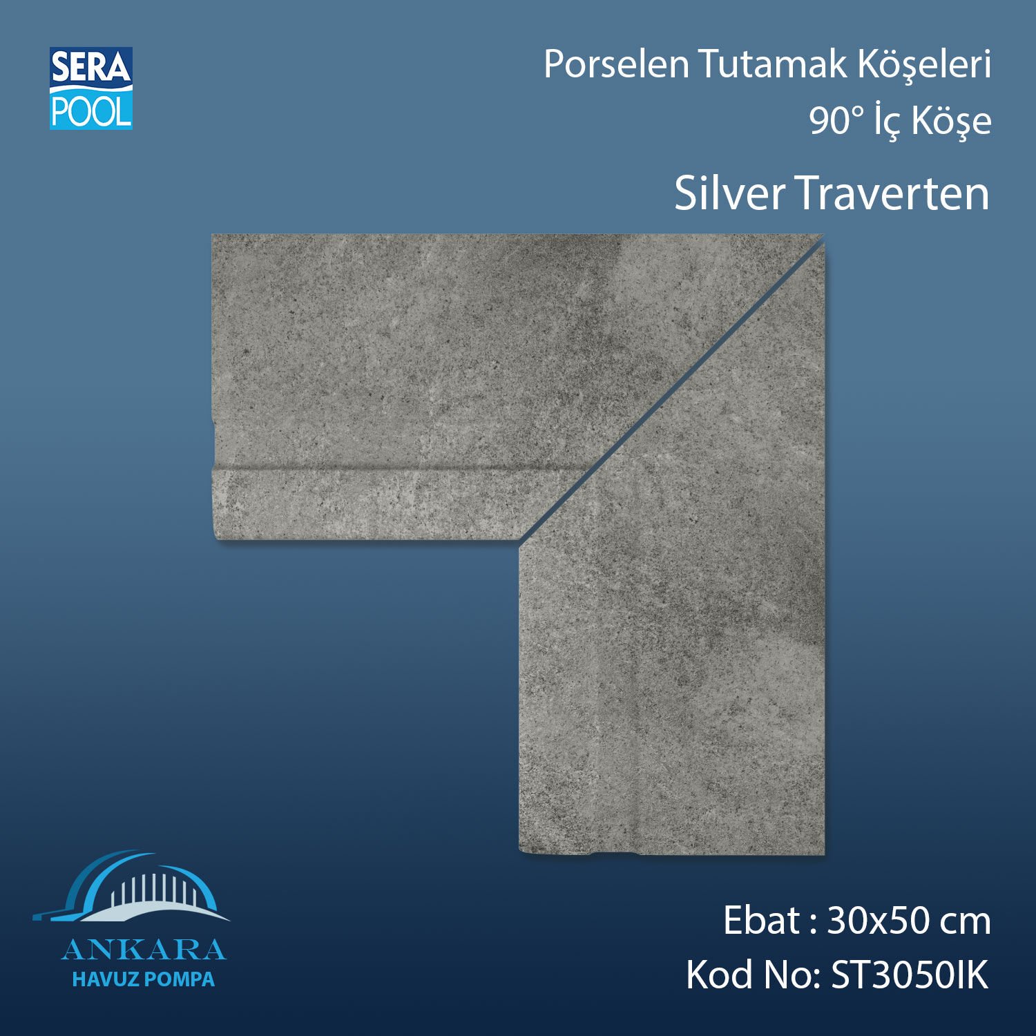 Silver Traverten 30x50 cm 90° İç Köşe Porselen Tutamak Köşeleri