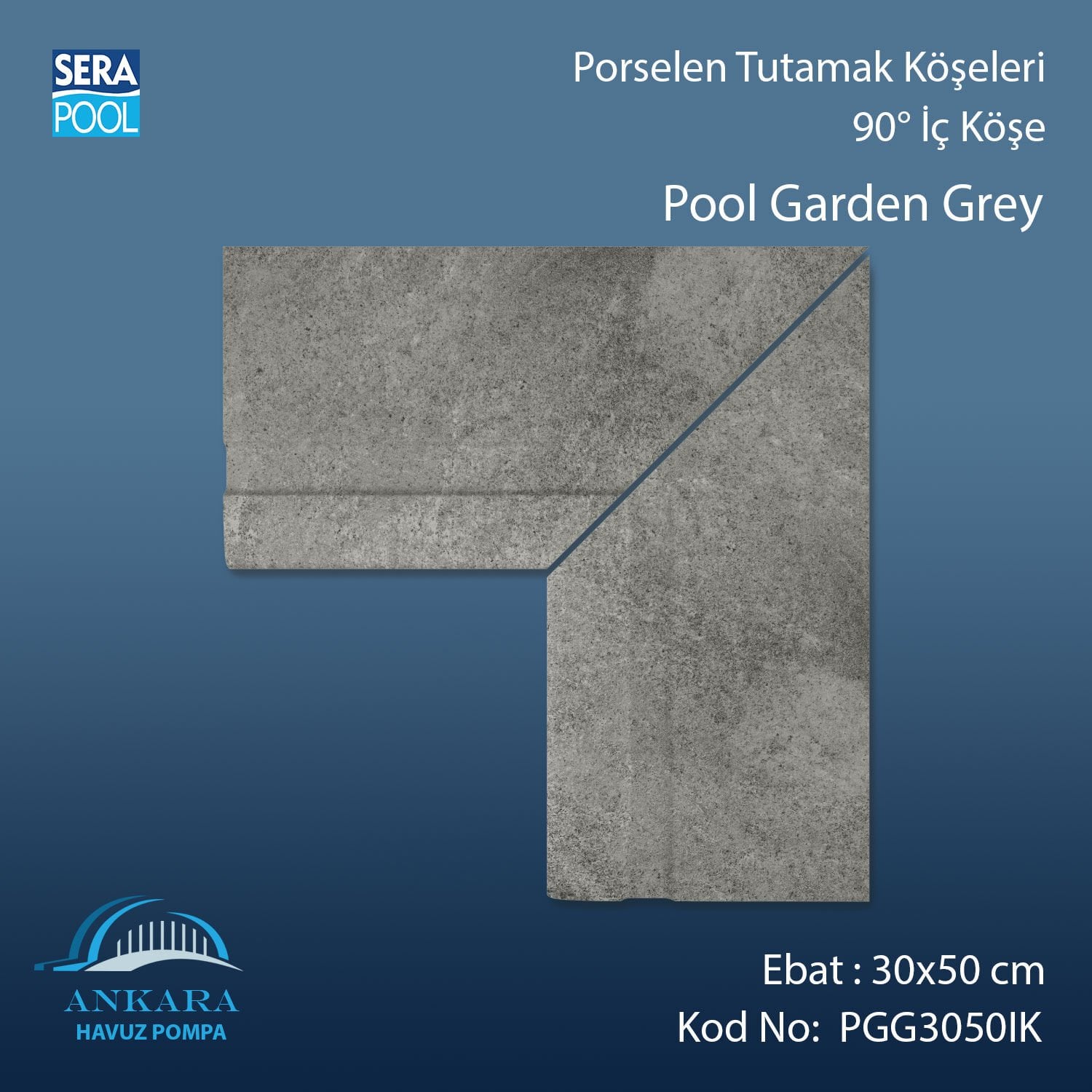 Pool Garden Grey 30x50 cm 90° İç Köşe Porselen Tutamak Köşeleri