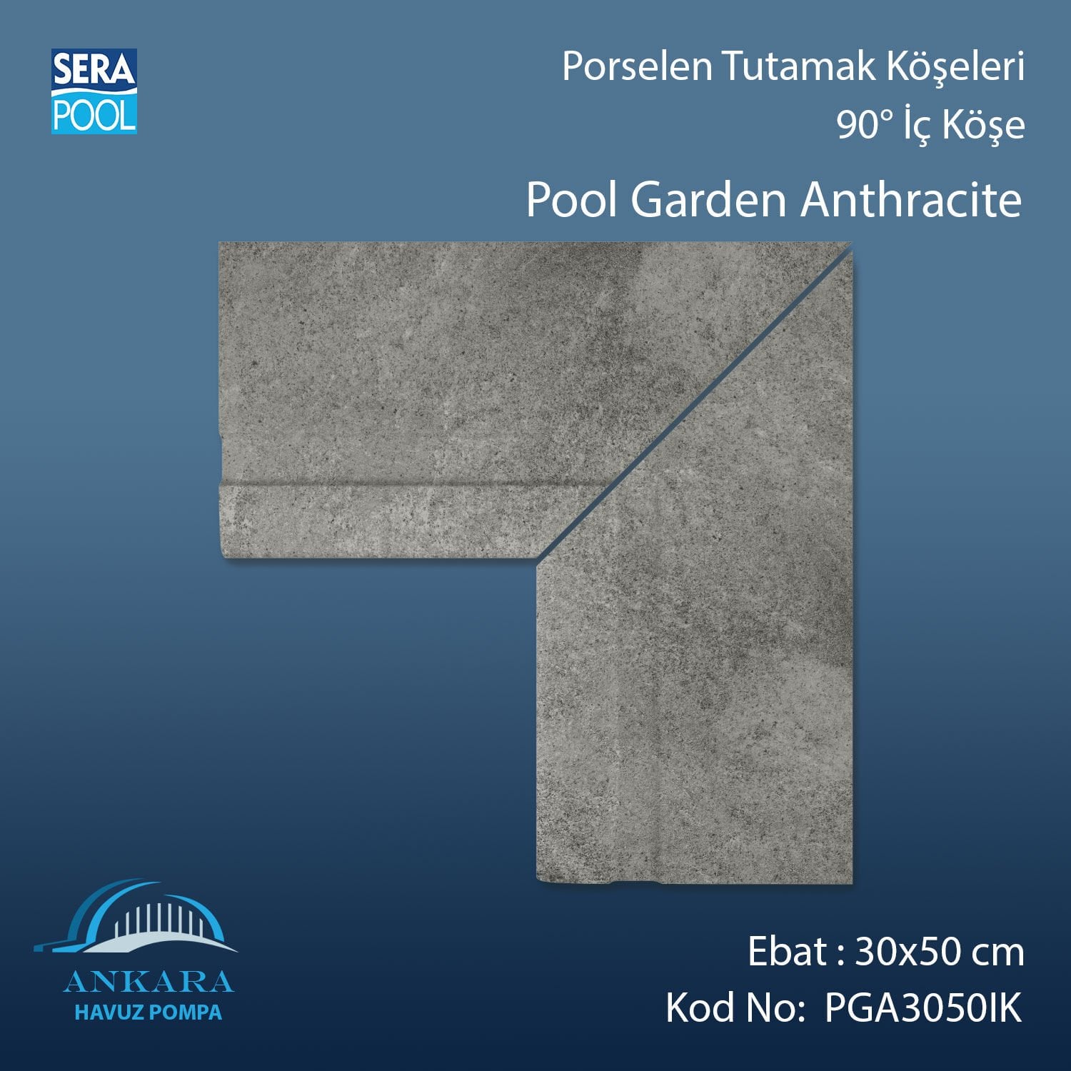 Pool Garden Anthracite 30x50 cm 90° İç Köşe Porselen Tutamak Köşeleri