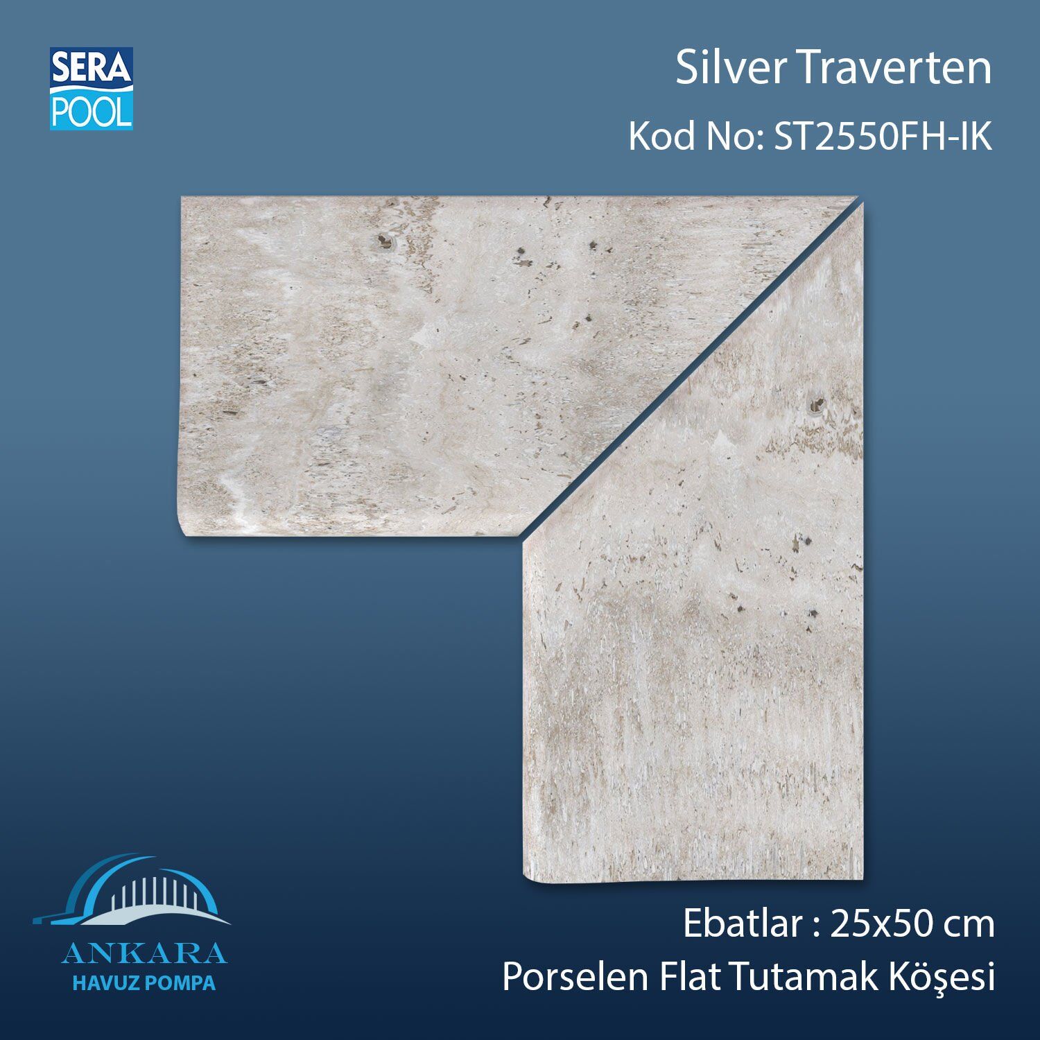 Silver Traverten 25x50 cm 90° İç Köşe Porselen Flat Tutamak Köşeleri