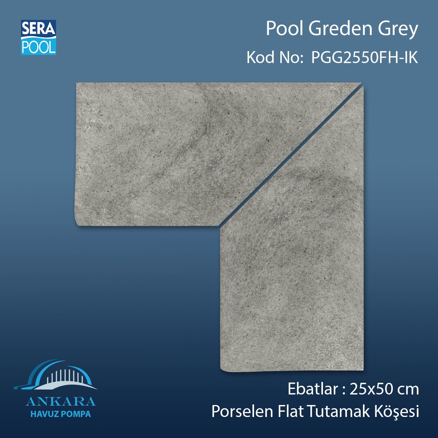 Pool Garden Grey 25x50 cm 90° İç Köşe Porselen Flat Tutamak Köşeleri