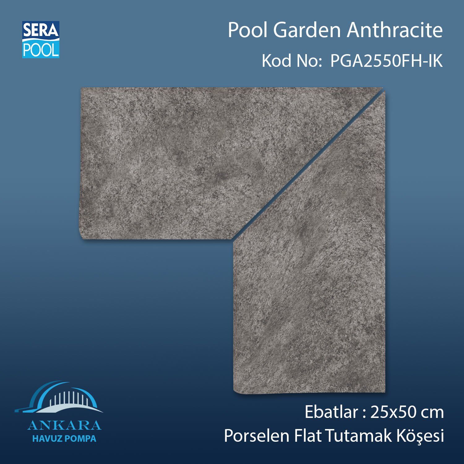 Pool Garden Anthracite 25x50 cm 90° İç Köşe Porselen Flat Tutamak Köşeleri