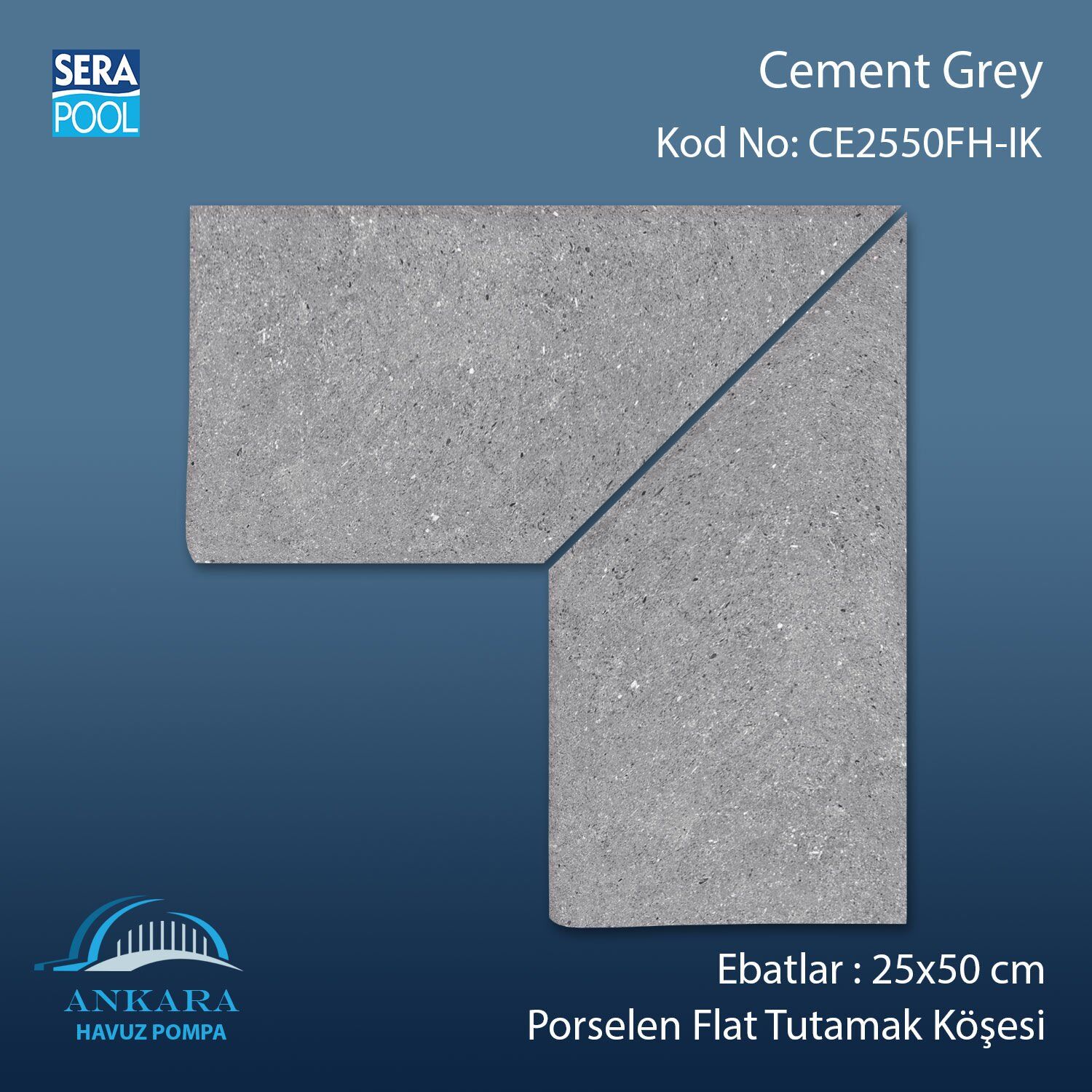 Cement Grey 25x50 cm 90° İç Köşe Porselen Flat Tutamak Köşeleri