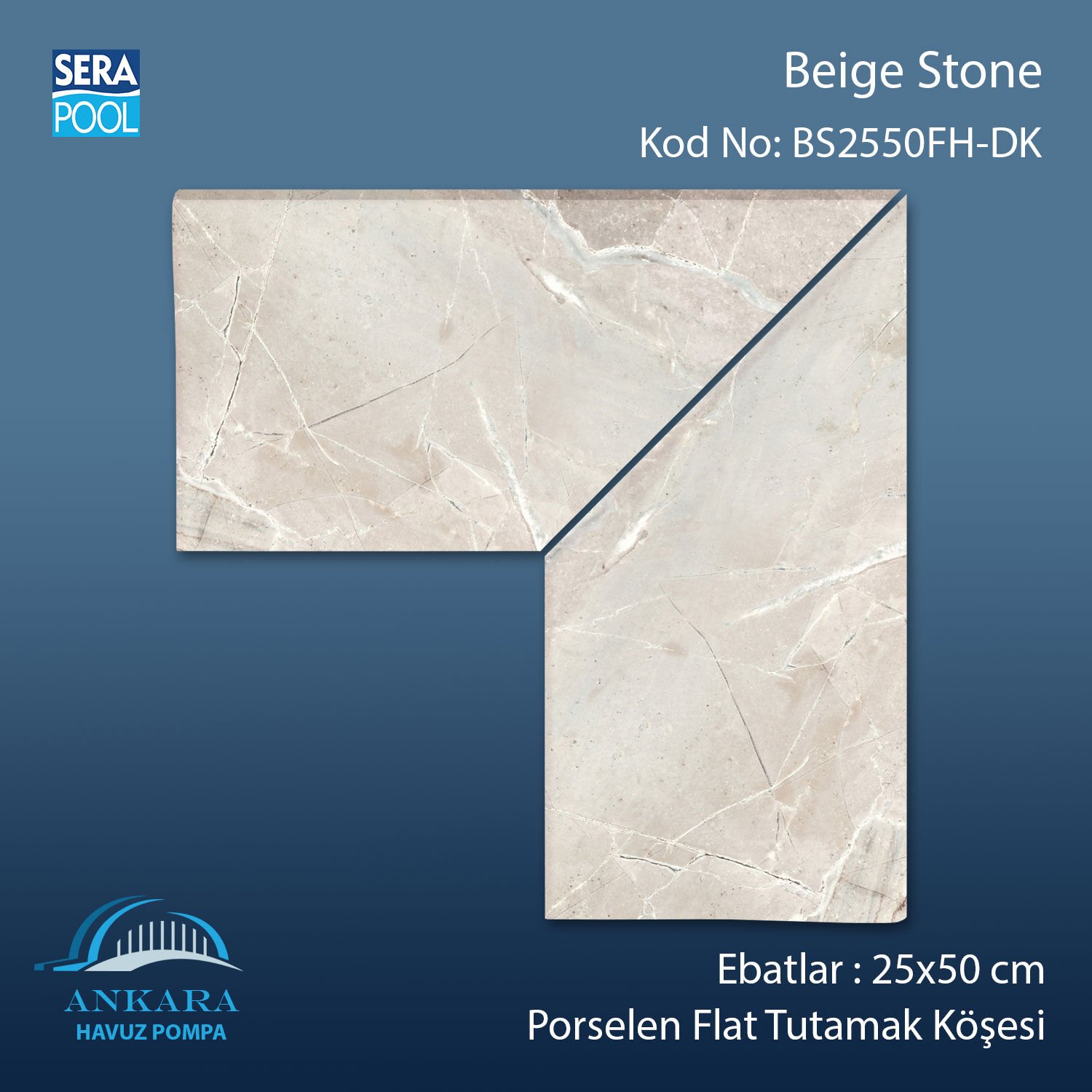 Beige Stone 25x50 cm 90° İç Köşe Porselen Flat Tutamak Köşeleri