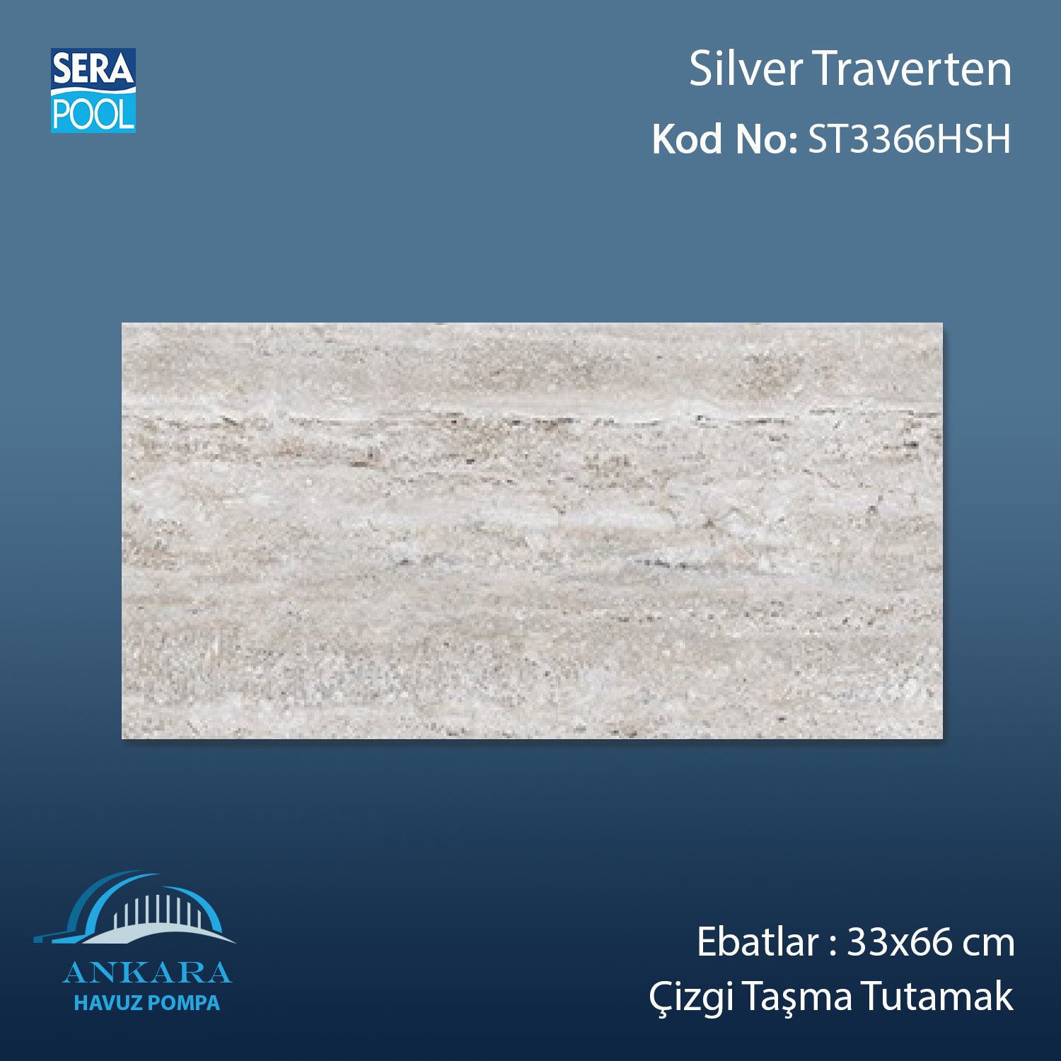 Silver Traverten 33x66x1,80 cm Çizgi Taşma Tutamak