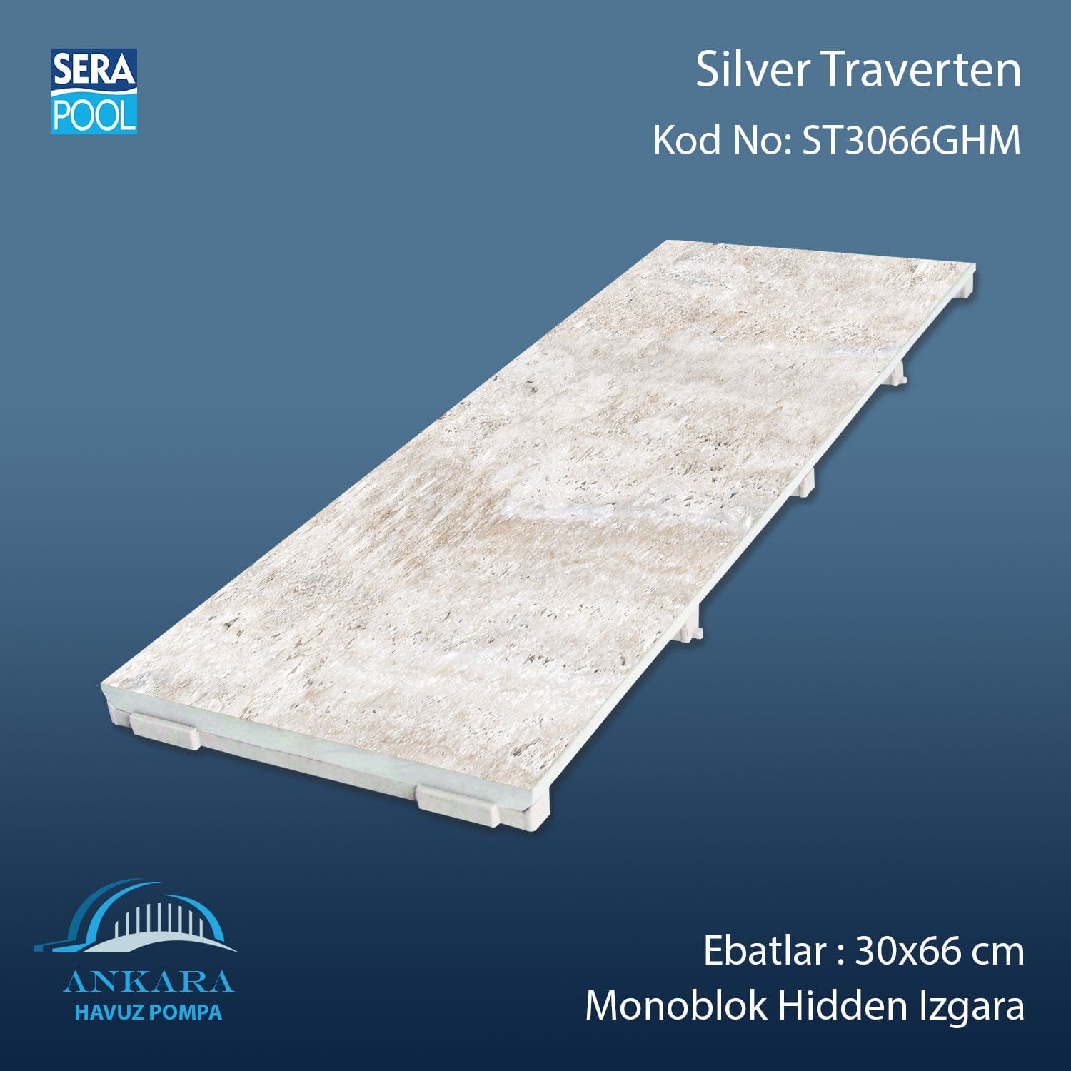Silver Traverten 33x66cm Monoblok Hidden Izgara