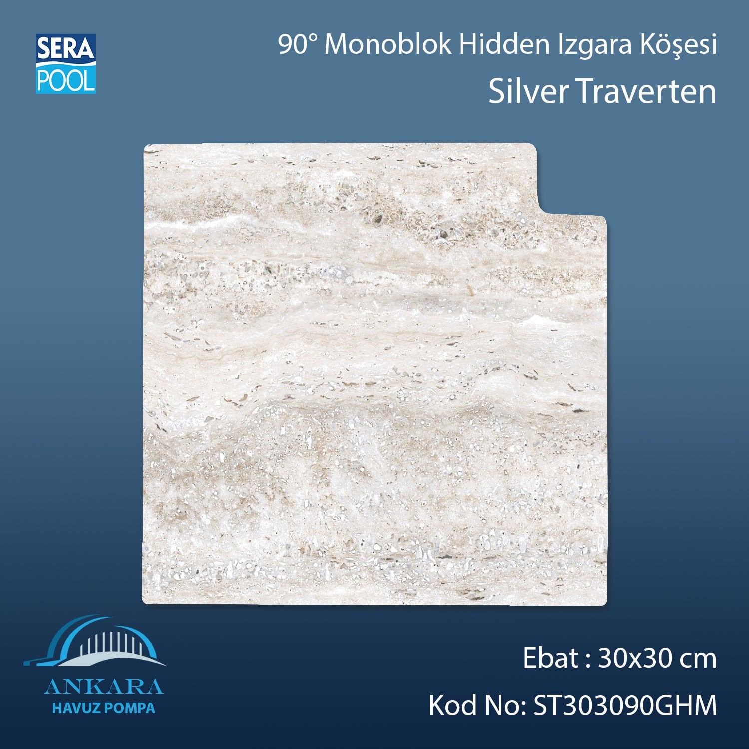 Silver Traverten 30x30 cm 90° Monoblok Hidden Izgara Köşesi