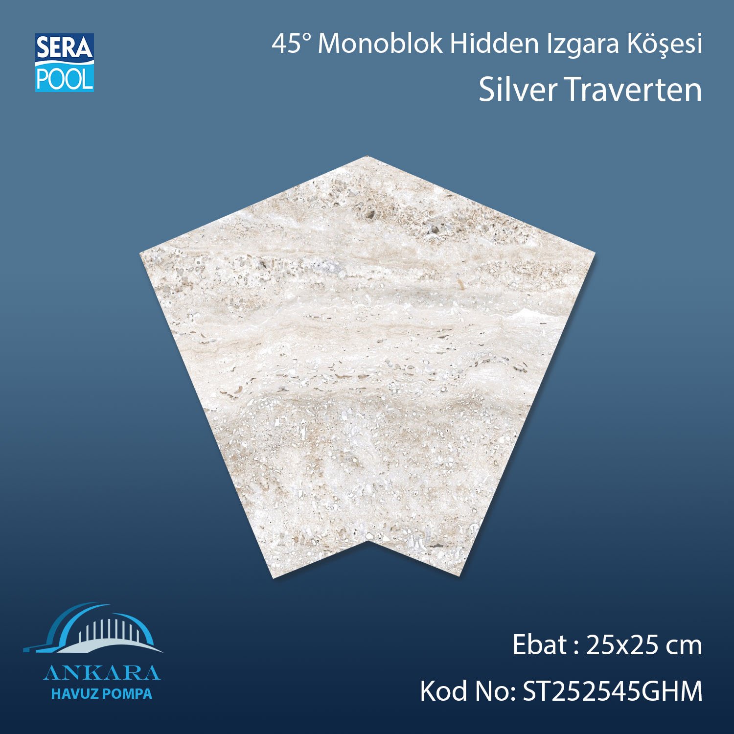Silver Traverten 25x25 cm 45° Monoblok Hidden Izgara Köşesi