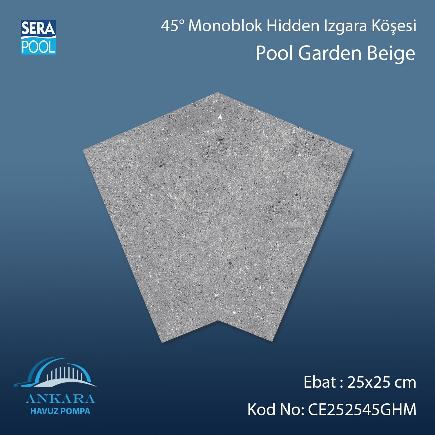 Cement Grey 25x25 cm 45° Monoblok Hidden Izgara Köşesi