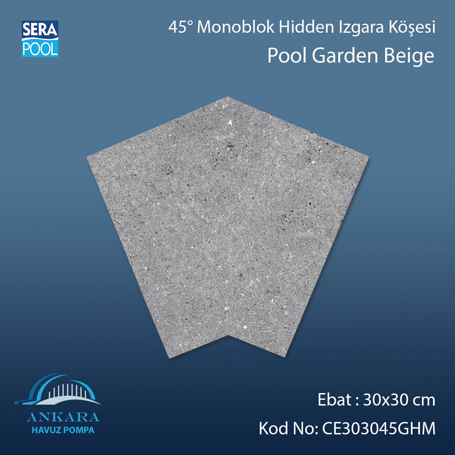 Cement Grey 30x30 cm 45° Monoblok Hidden Izgara Köşesi