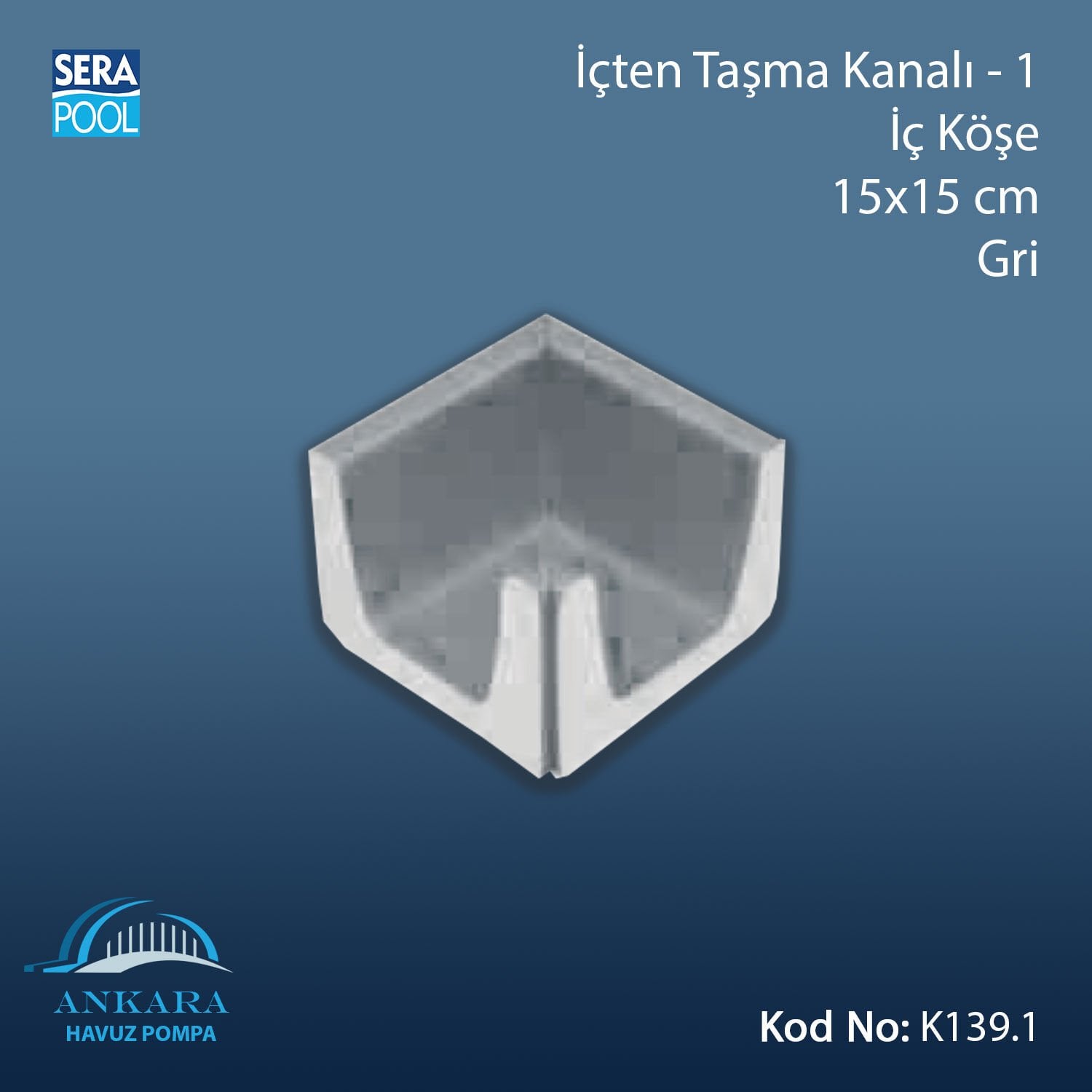 İçten Taşma Kanalı-1 - İç Köşe - 15x15 cm Gri
