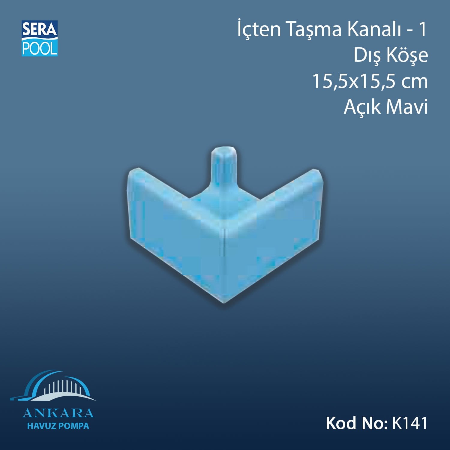 İçten Taşma Kanalı-1 - Dış Köşe - 15,5x15,5 cm Açık Mavi