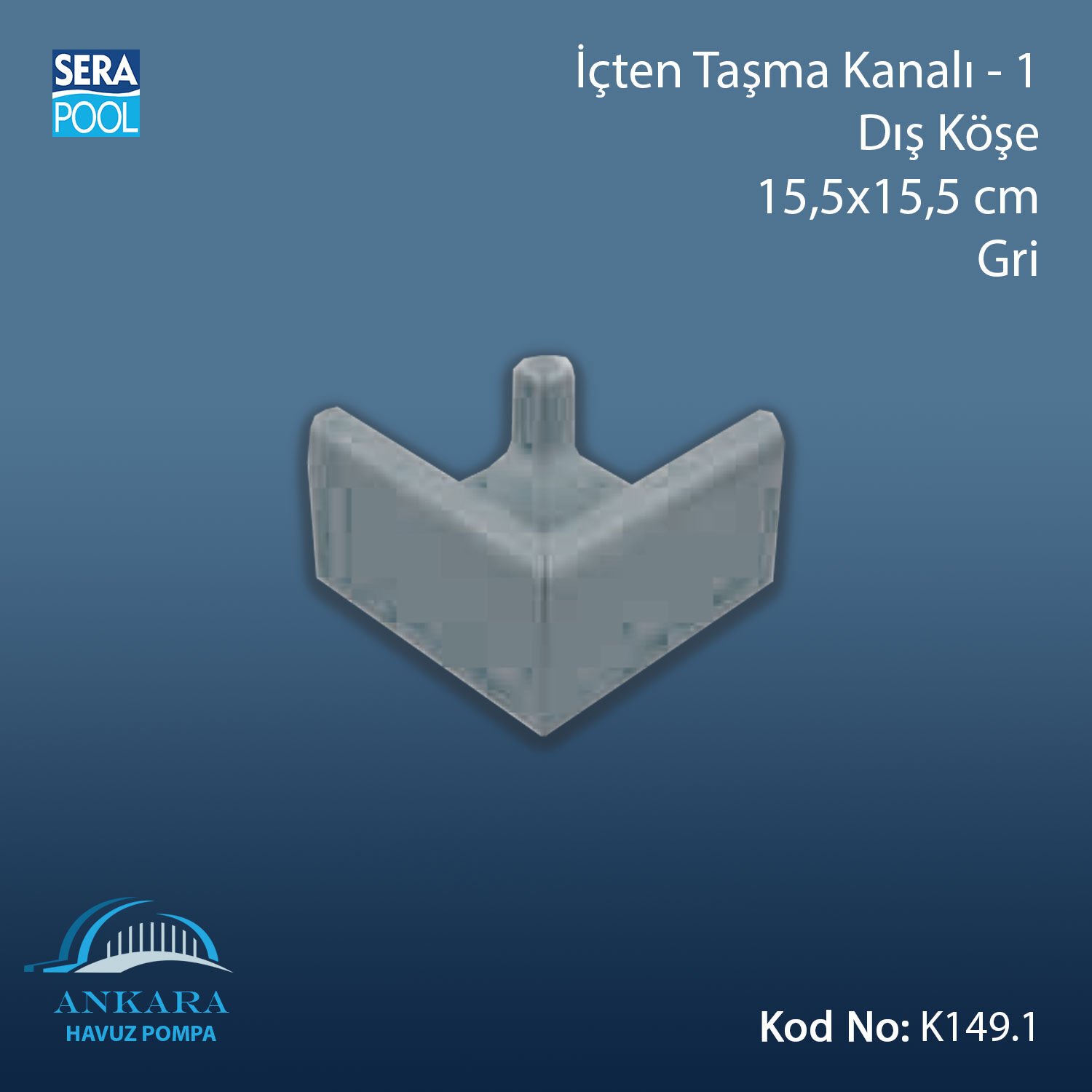 İçten Taşma Kanalı-1 - Dış Köşe - 15,5x15,5 cm Gri