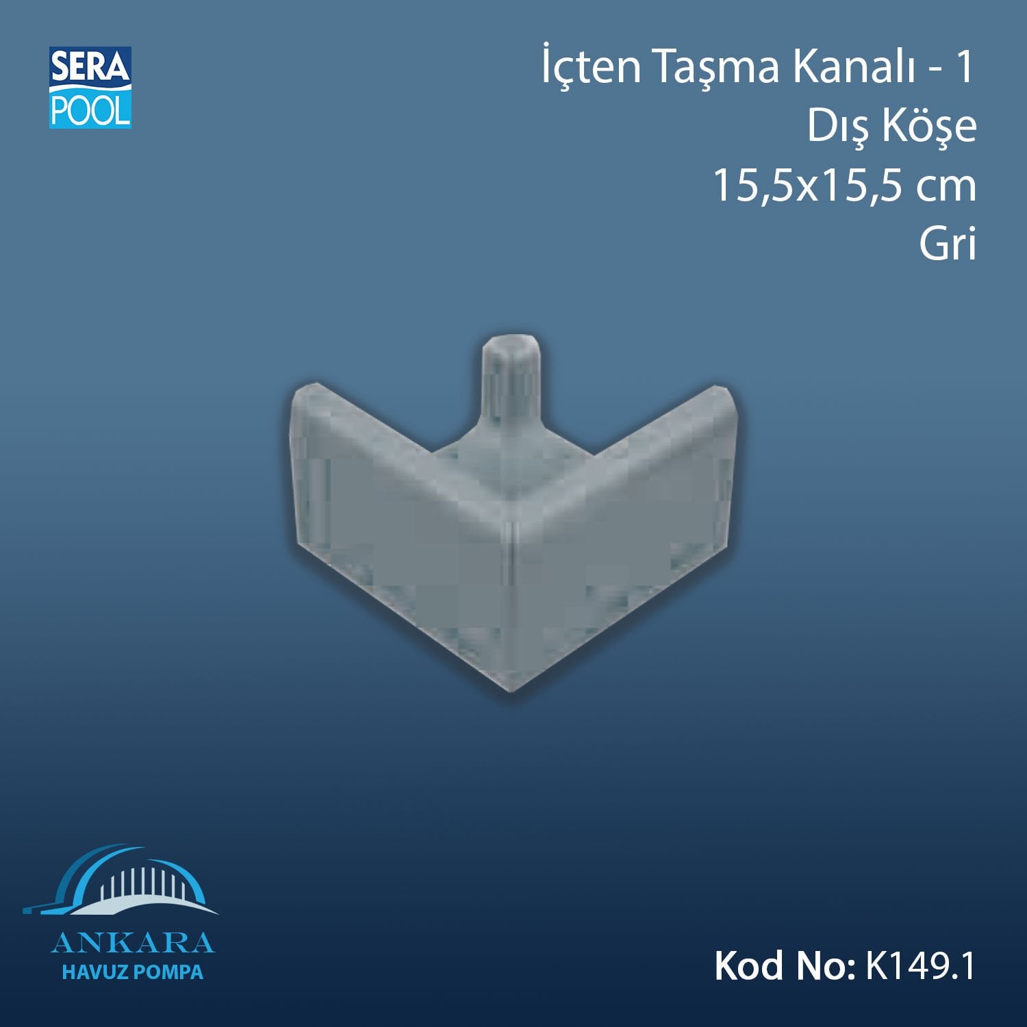 İçten Taşma Kanalı-1 - Dış Köşe - 15,5x15,5 cm Gri