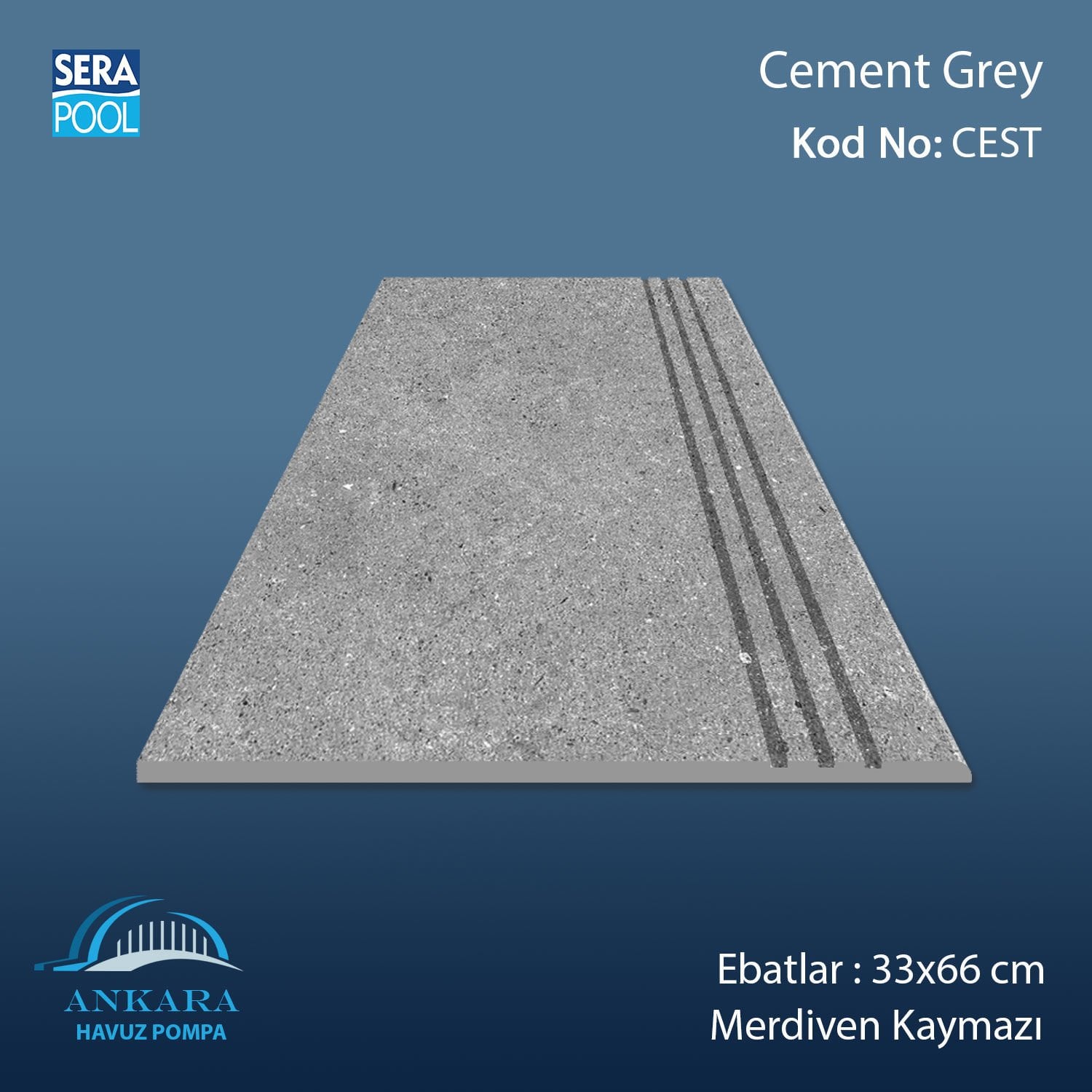 Cement Grey 33x66x0,76 cm Merdiven Kaymazı